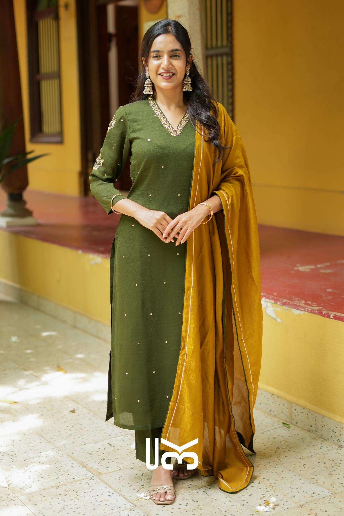 Olivara | Olive Kurta Set with Mustard Dupatta for Puja