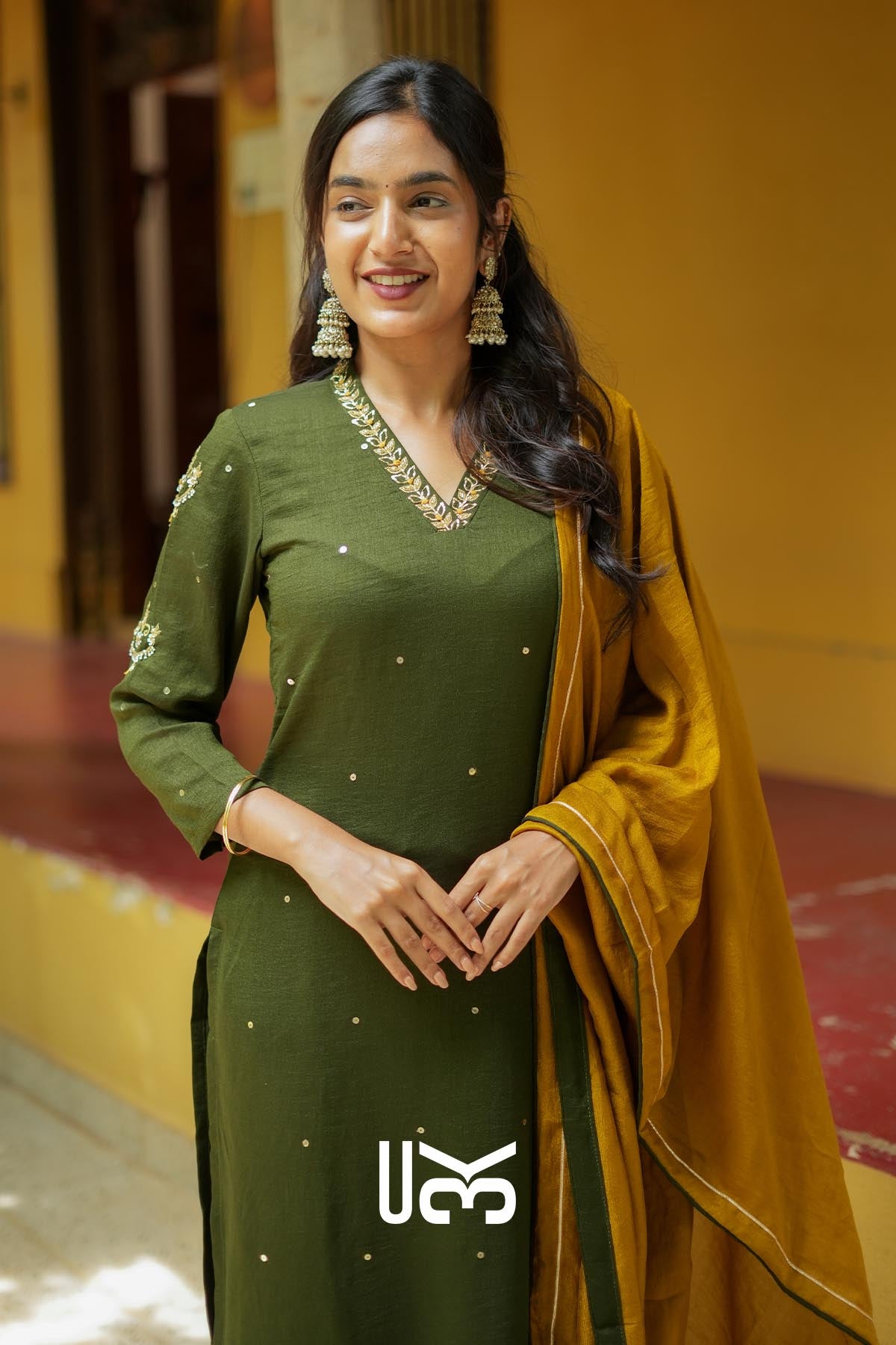 Olivara | Olive Kurta Set with Mustard Dupatta for Puja
