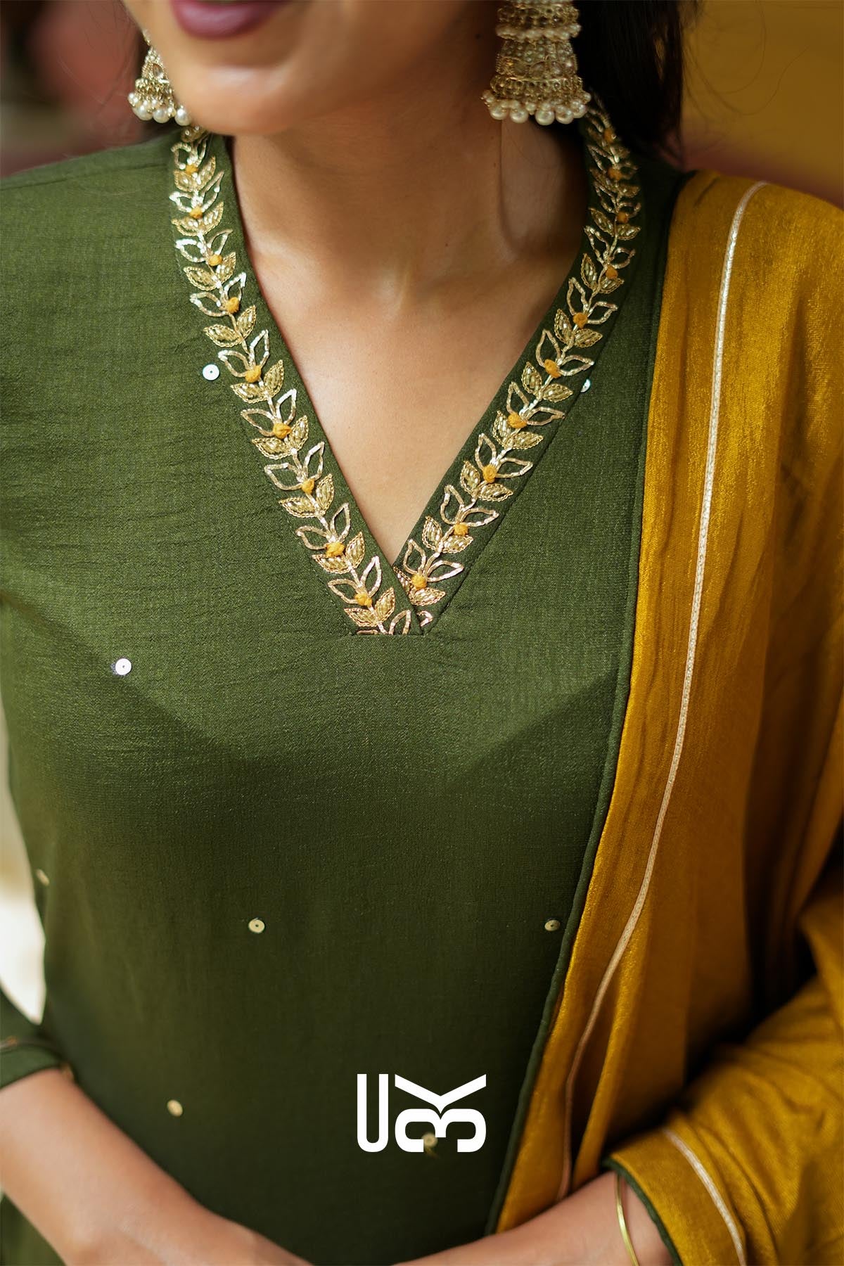 Olivara | Olive Kurta Set with Mustard Dupatta for Puja
