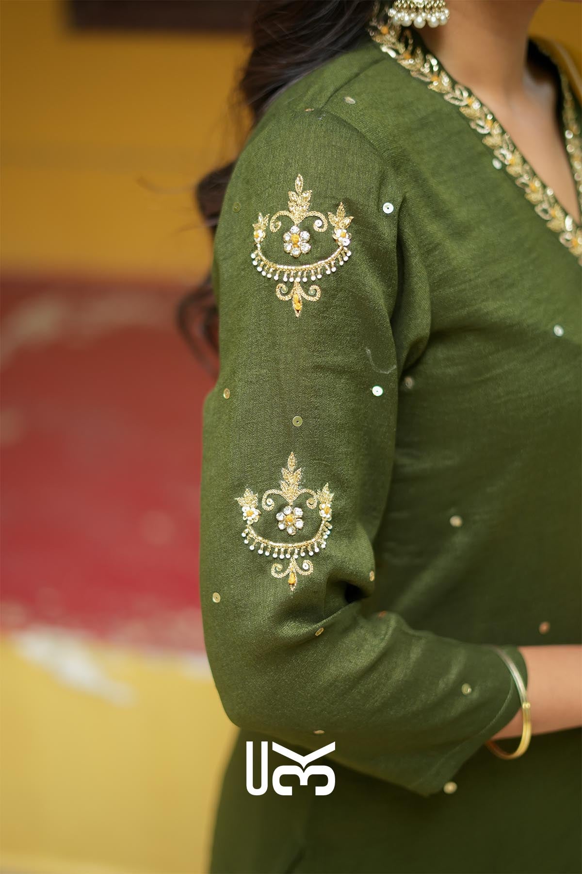 Olivara | Olive Kurta Set with Mustard Dupatta for Puja