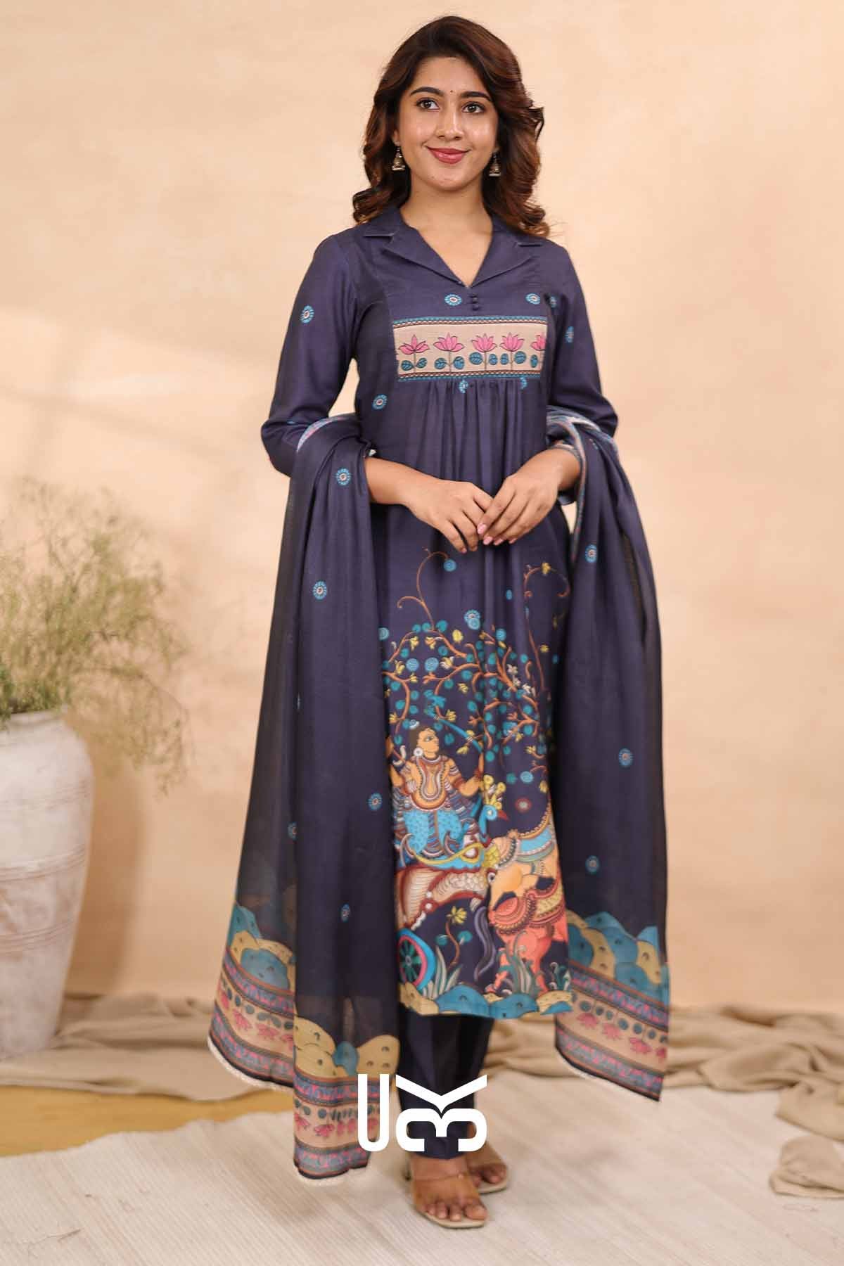 Azure Elegance| Blue Cotton Kalamkari Print Kurta Set
