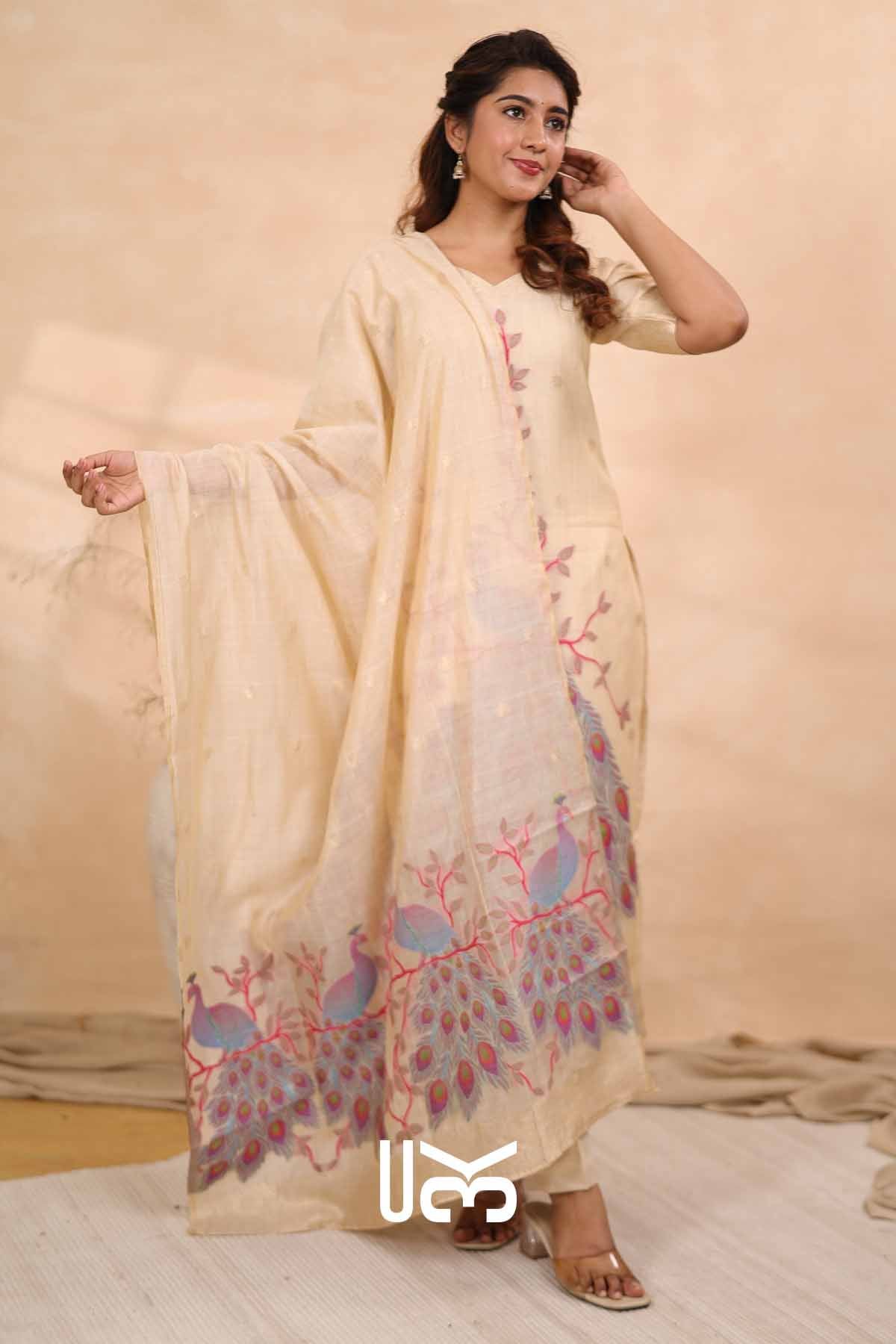 Peacock Parade|Ivory Jamdani Muga Silk Kurta Set