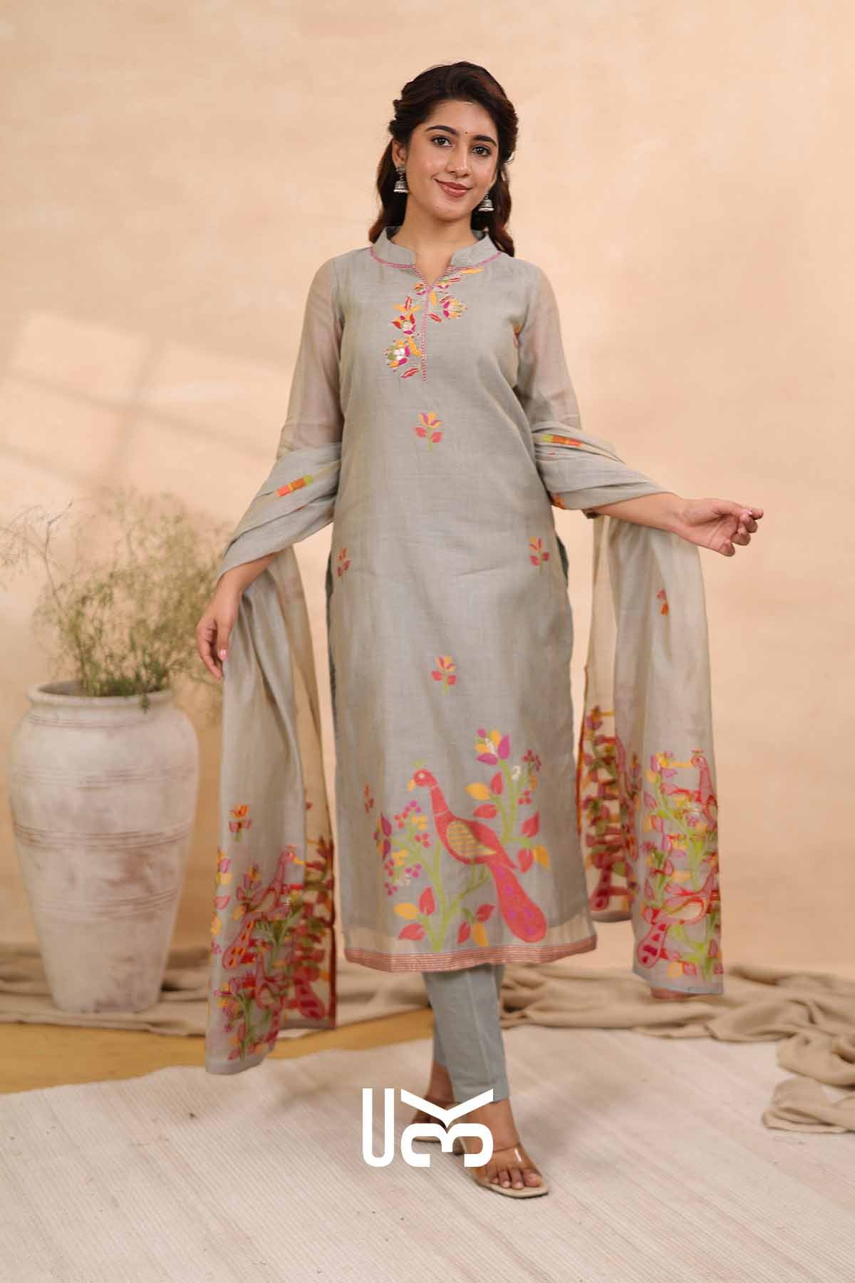 Pastel Paradise|Gray Jamdani Muga Silk Kurta Set