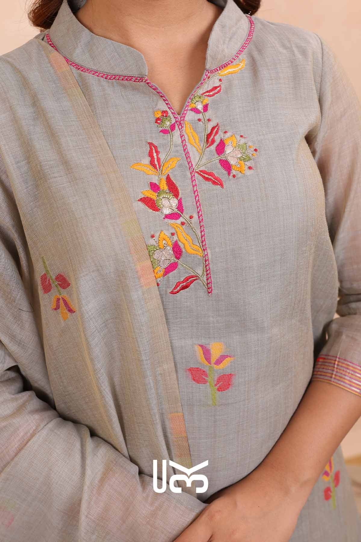 Pastel Paradise|Gray Jamdani Muga Silk Kurta Set