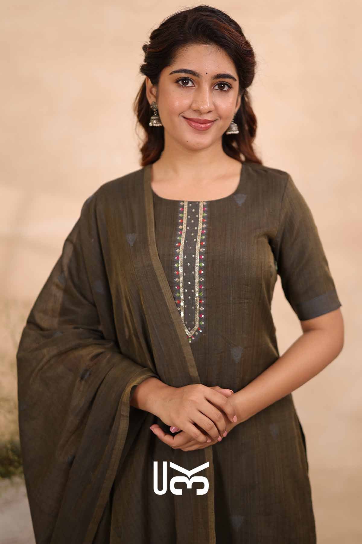 Ember Petal|Olive Gray Jamdani Muga Silk Kurta Set
