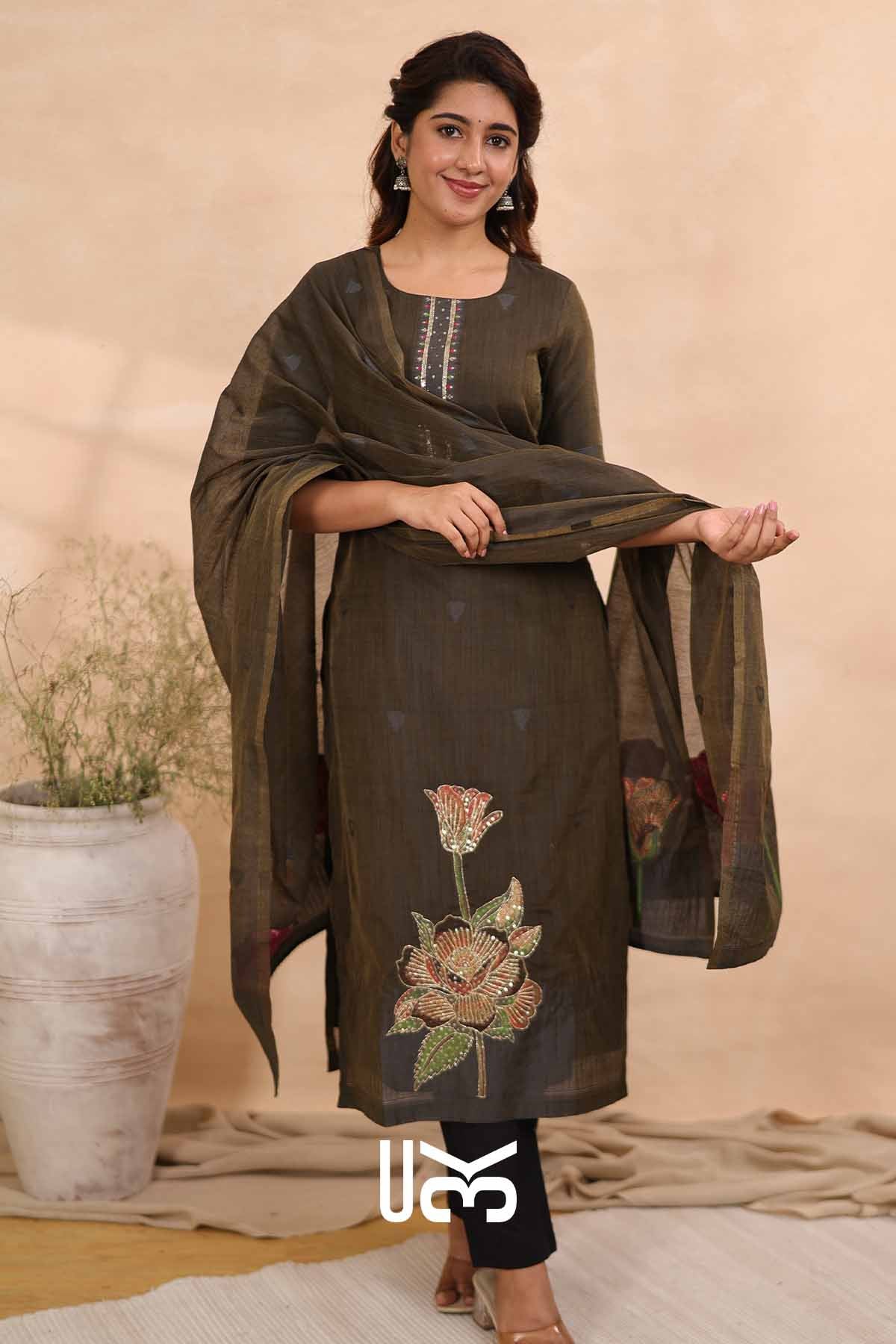 Ember Petal|Olive Gray Jamdani Muga Silk Kurta Set