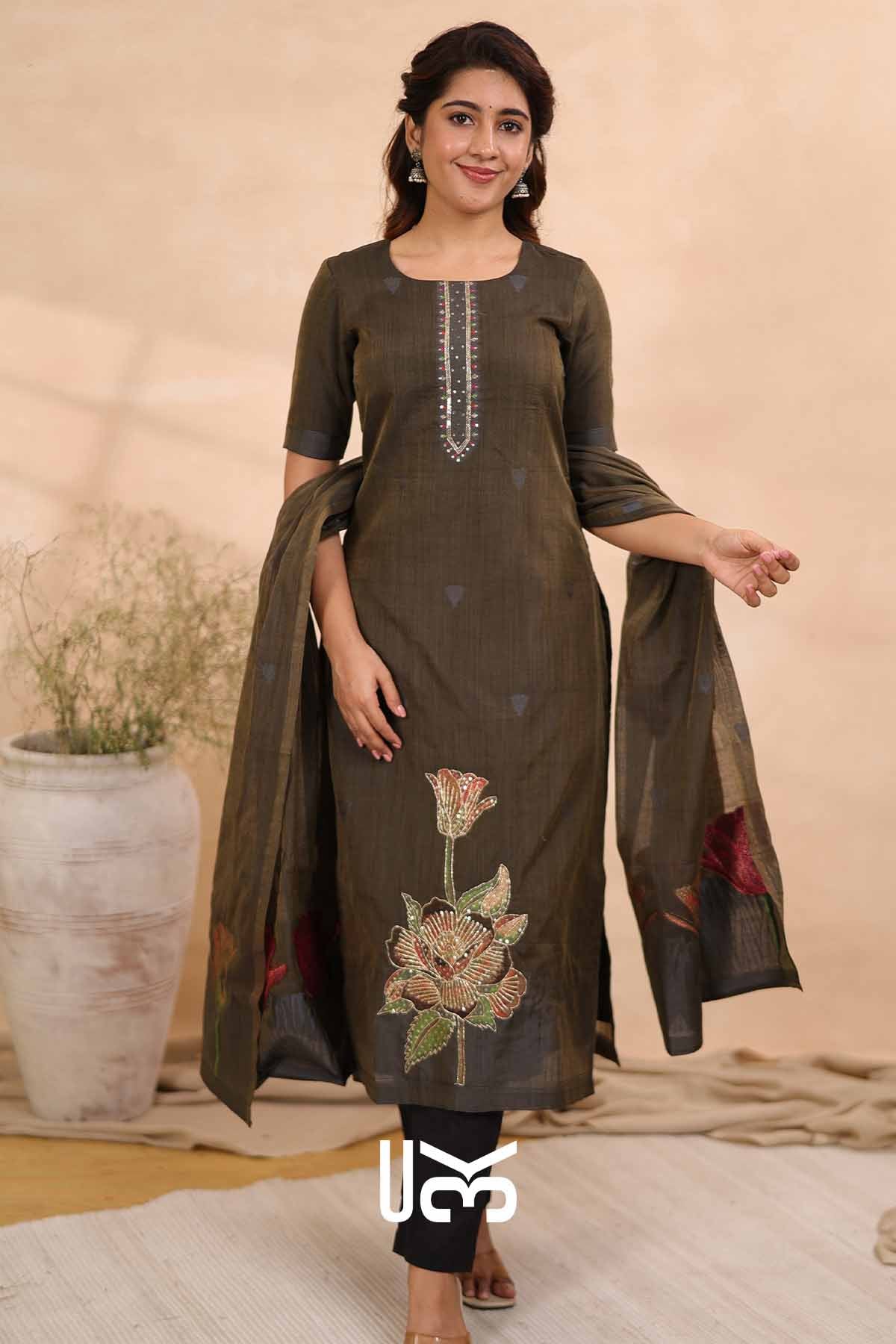 Ember Petal|Olive Gray Jamdani Muga Silk Kurta Set
