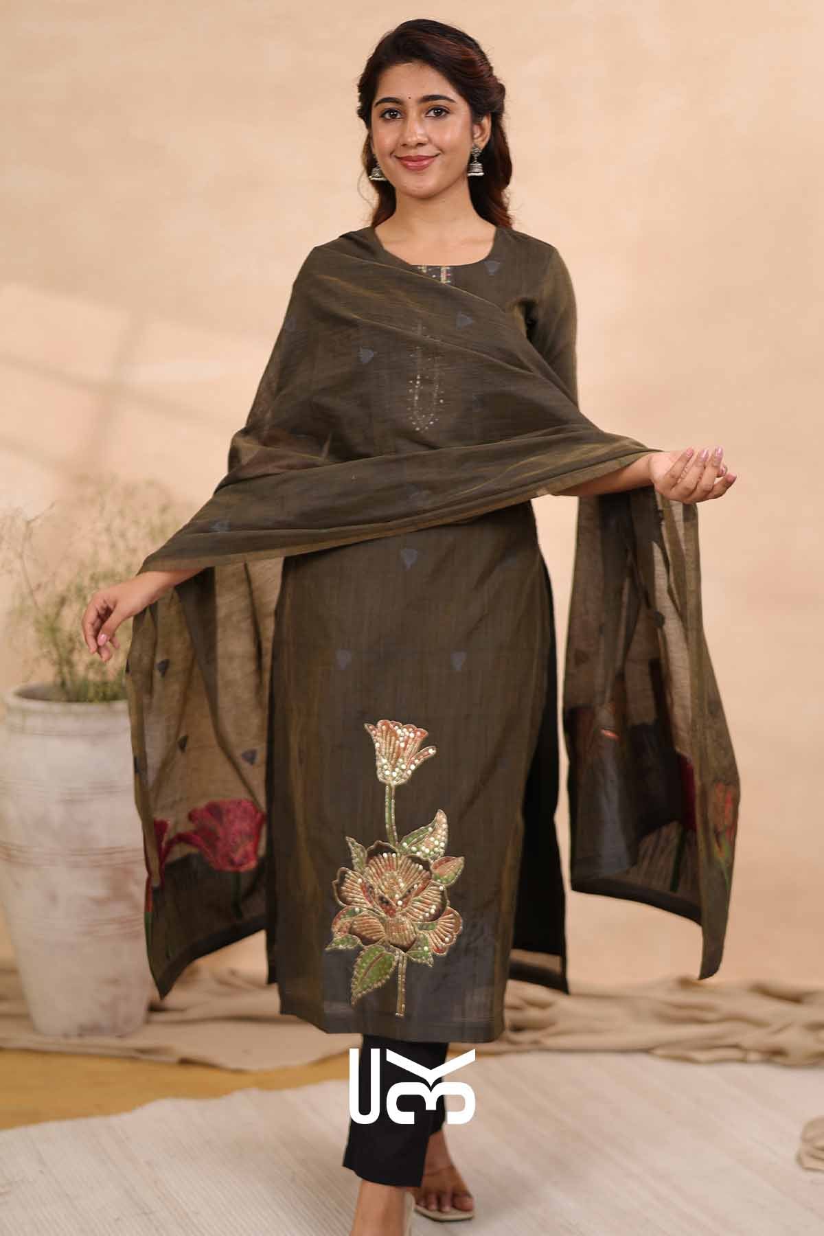 Ember Petal|Olive Gray Jamdani Muga Silk Kurta Set