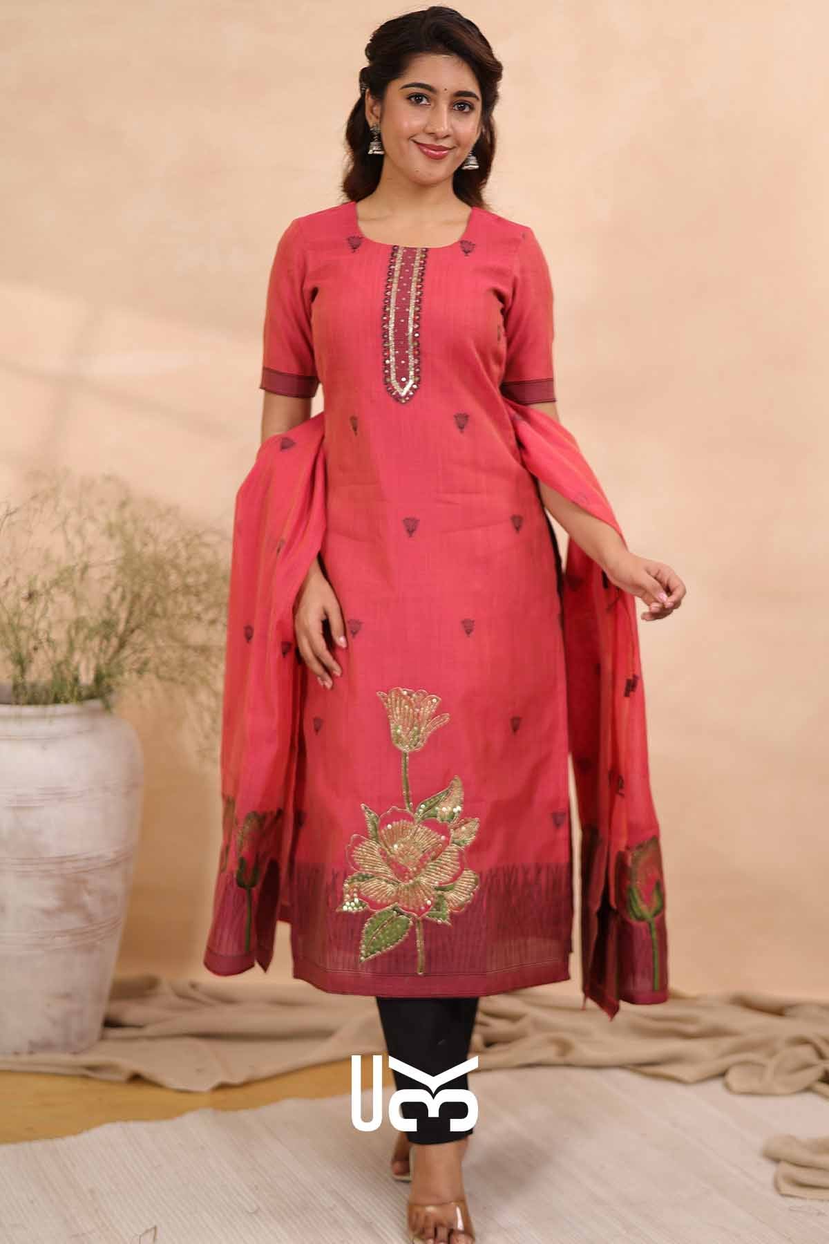 Garden Grace | Pink Jamdani Muga Silk Kurta Set