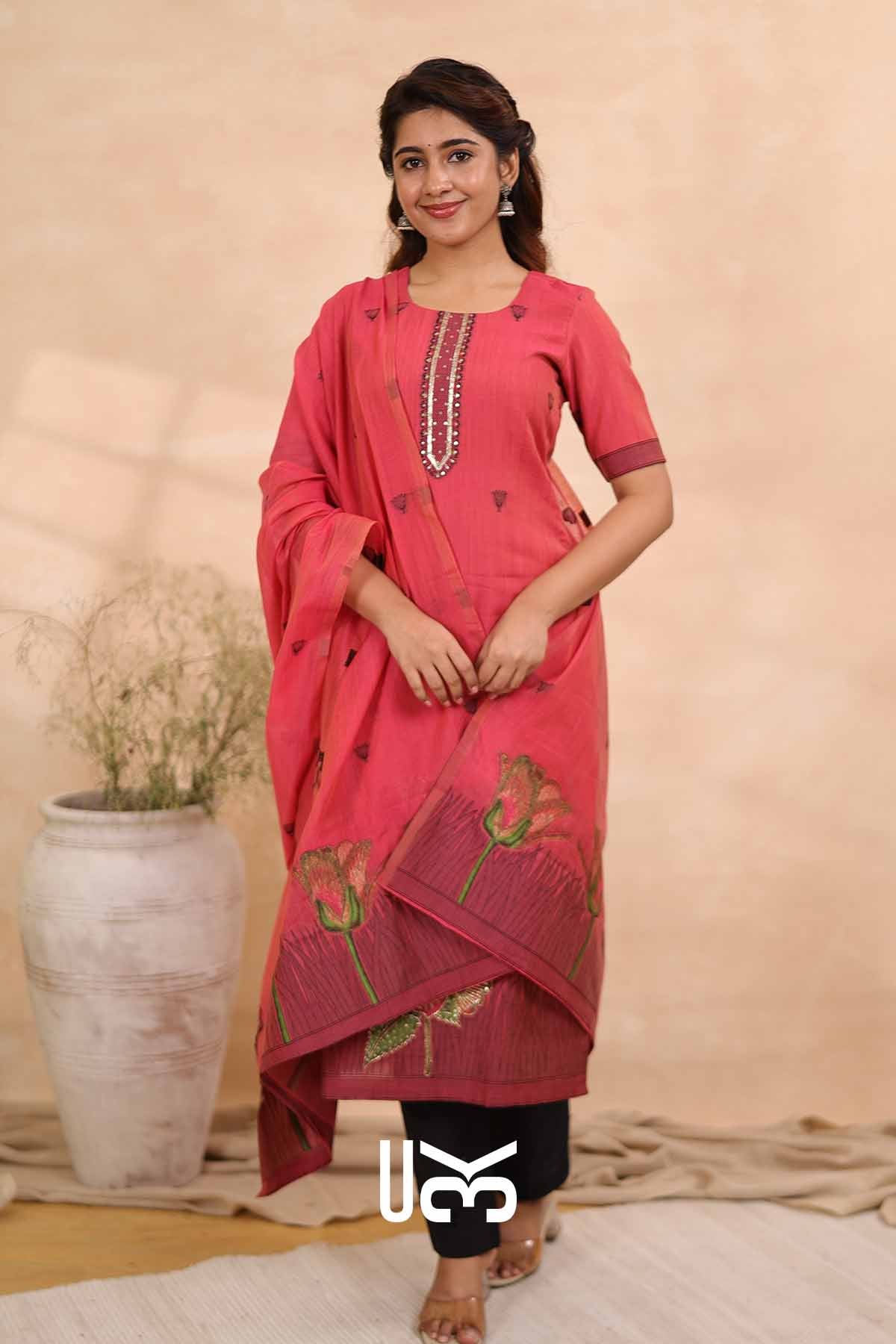 Garden Grace | Pink Jamdani Muga Silk Kurta Set