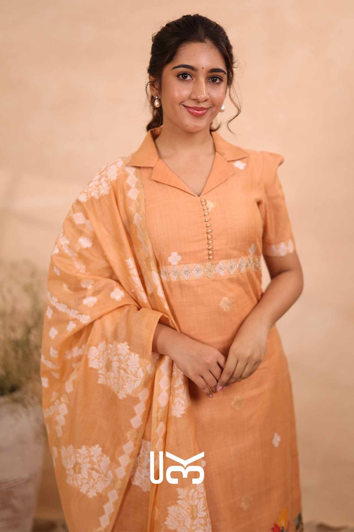 Peach Bloom|Peach Jamdani Muga Silk Kurta Set