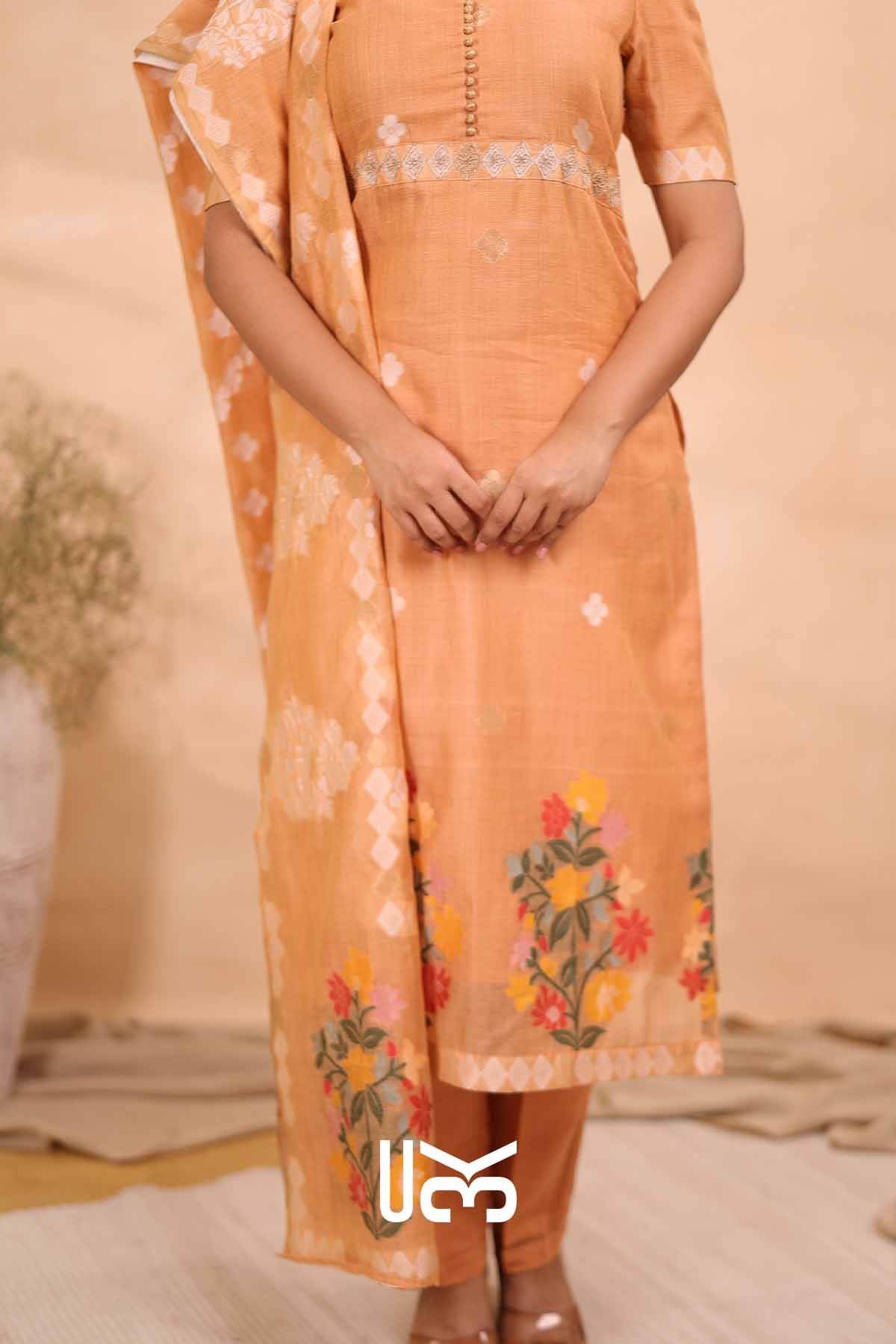 Peach Bloom|Peach Jamdani Muga Silk Kurta Set