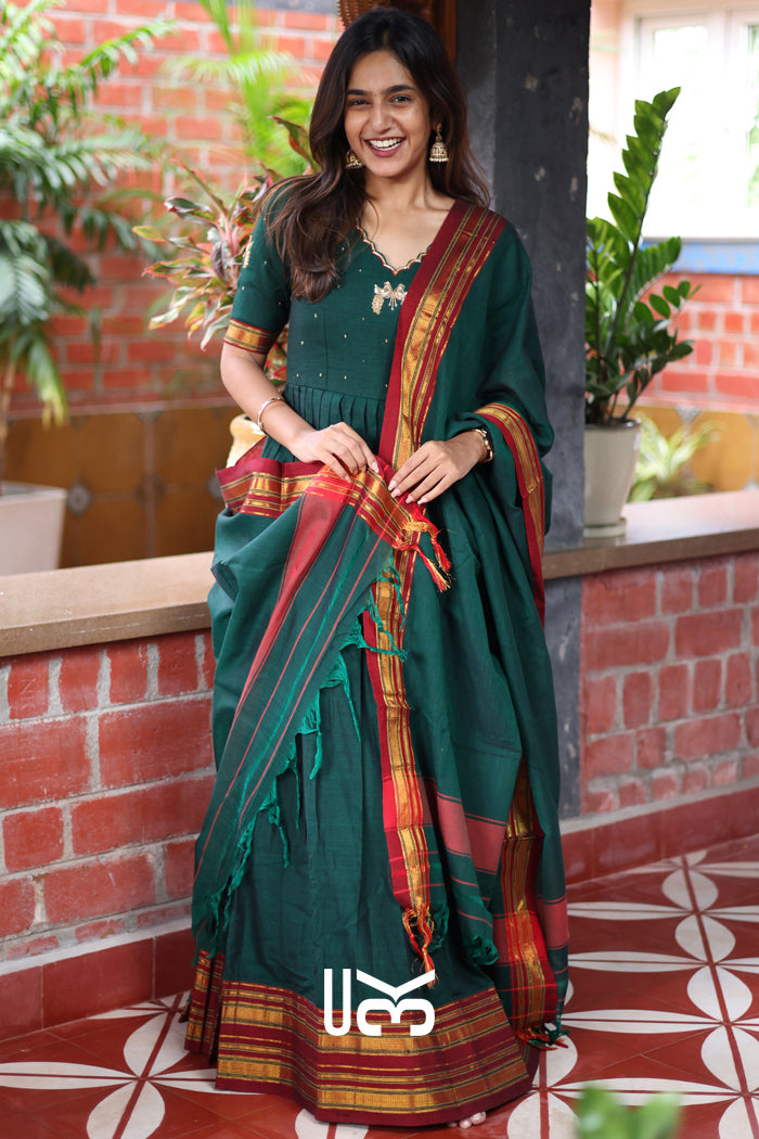 Bunaai Handloom Anarkali (Dress) in Green