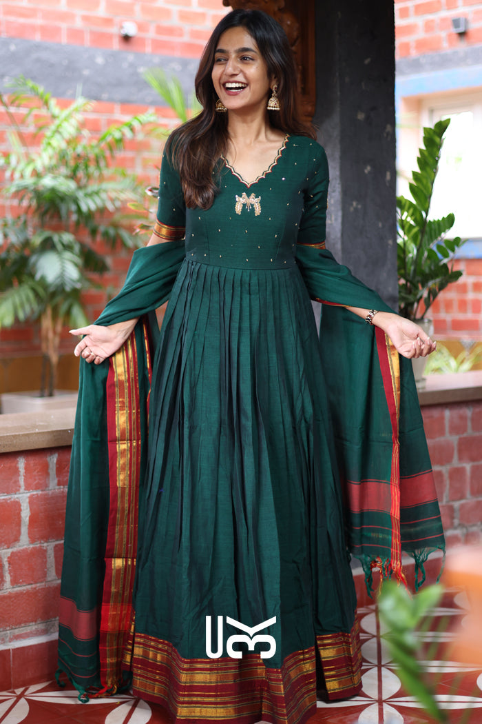 Bunaai Handloom Anarkali (Dress) in Green