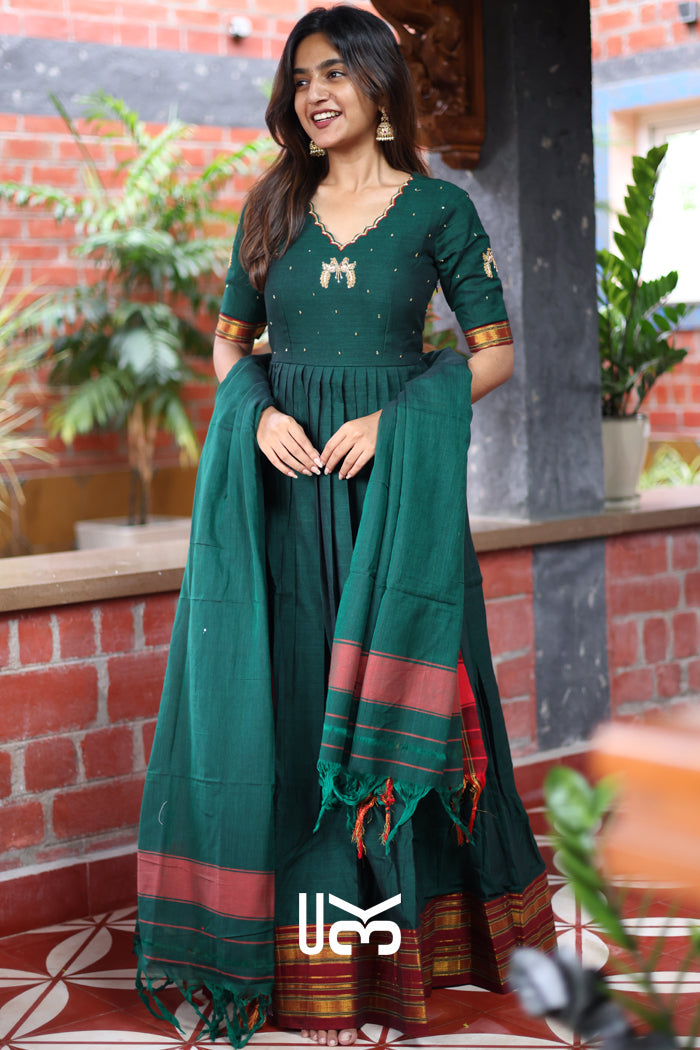 Bunaai Handloom Anarkali (Dress) in Green