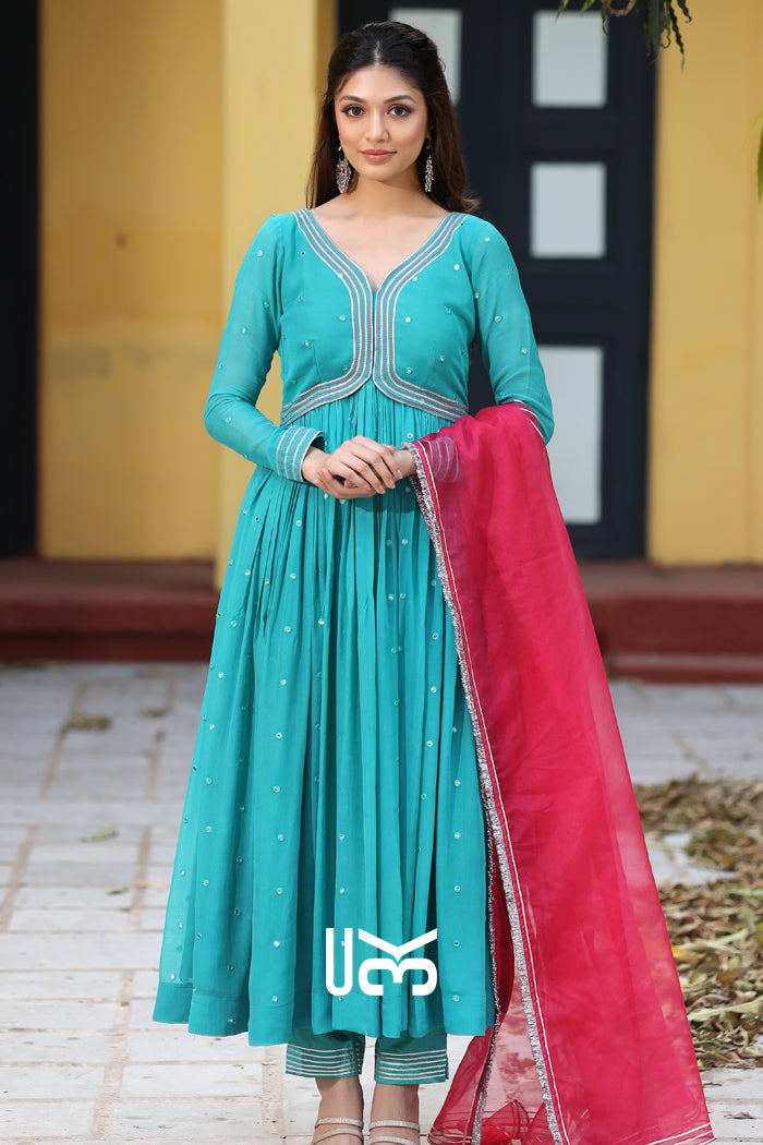 Ratrani Georgette Anarkali Suit Set in Teal Blue