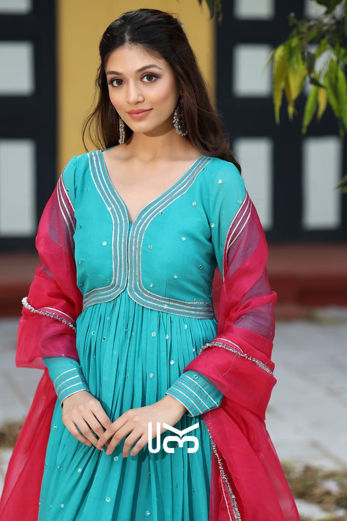 Ratrani Georgette Anarkali Suit Set in Teal Blue