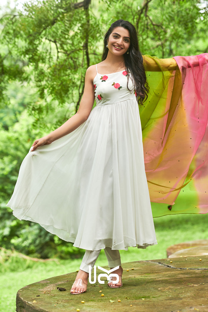 Moon Flower White Anarkali Suit Set