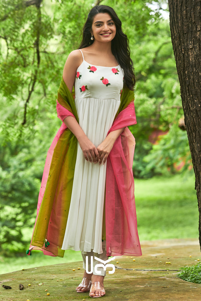 Moon Flower White Anarkali Suit Set