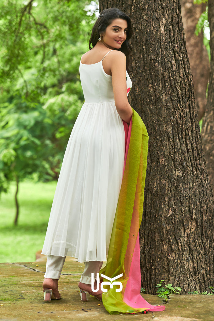Moon Flower White Anarkali Suit Set