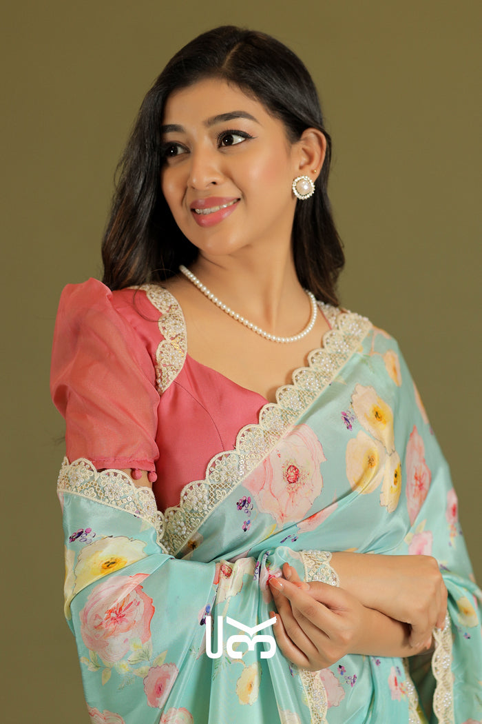 Senorita Retro Print Saree in Ice Blue
