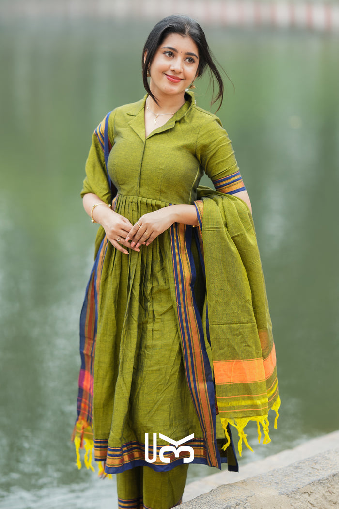 Syahi Handloom Suit Set in Olive Green
