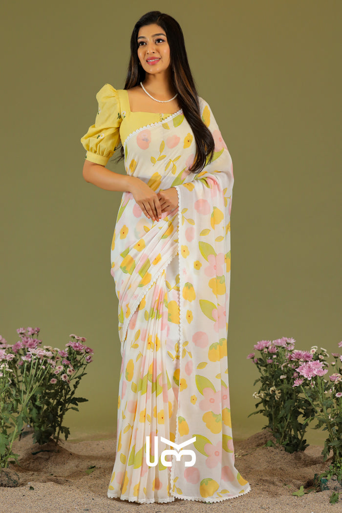 Pila Kaner Saree in Yellow & White