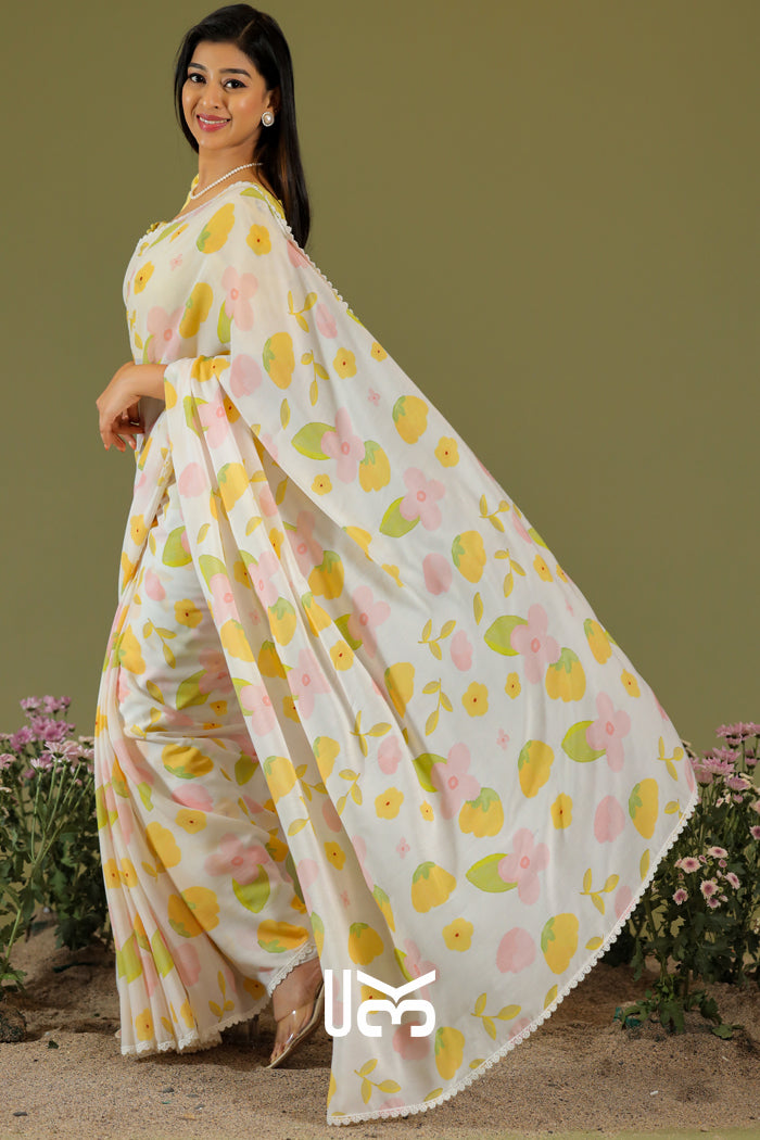 Pila Kaner Saree in Yellow & White