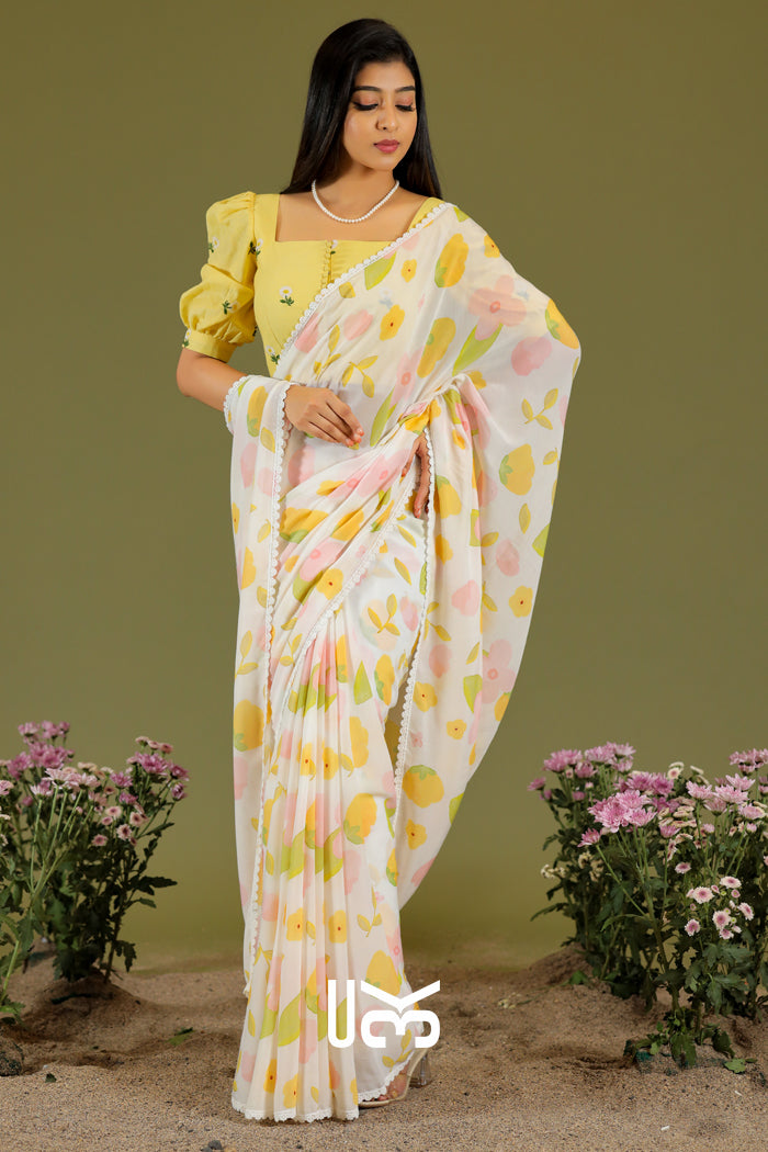 Pila Kaner Saree in Yellow & White