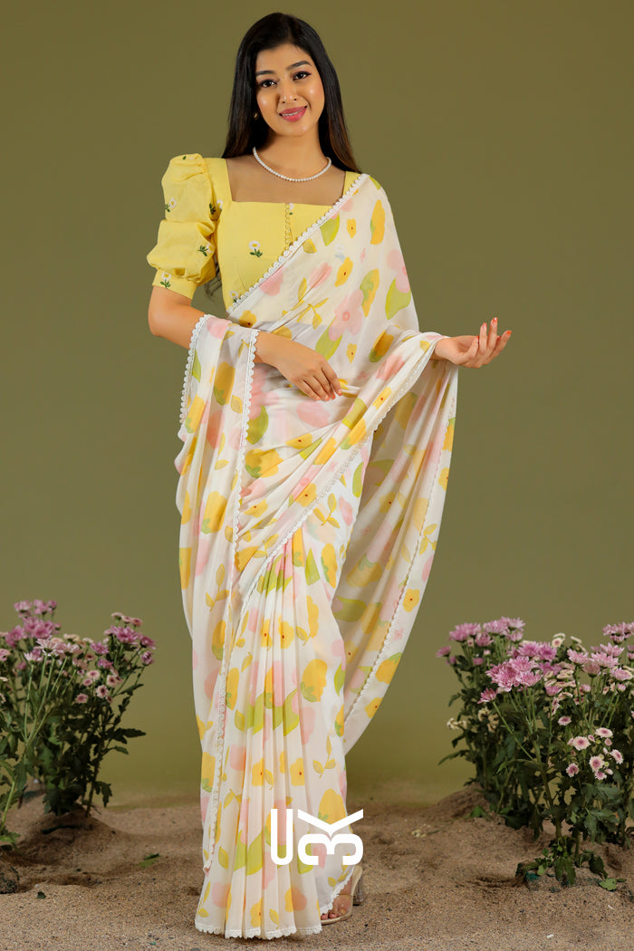 Pila Kaner Saree in Yellow & White