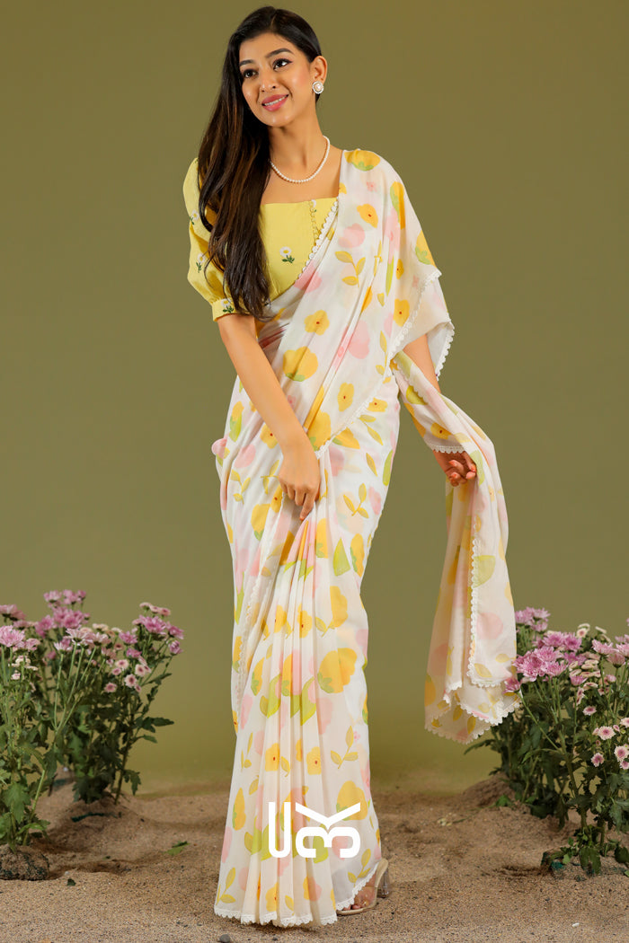 Pila Kaner Saree in Yellow & White