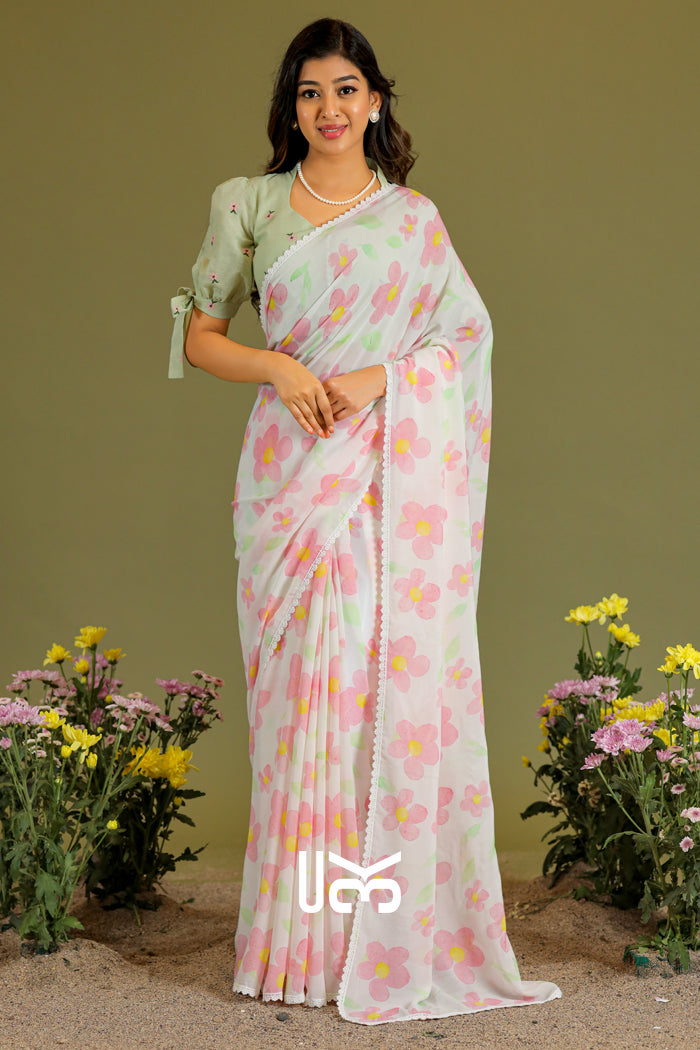 Phool Podha Saree in Pista & White