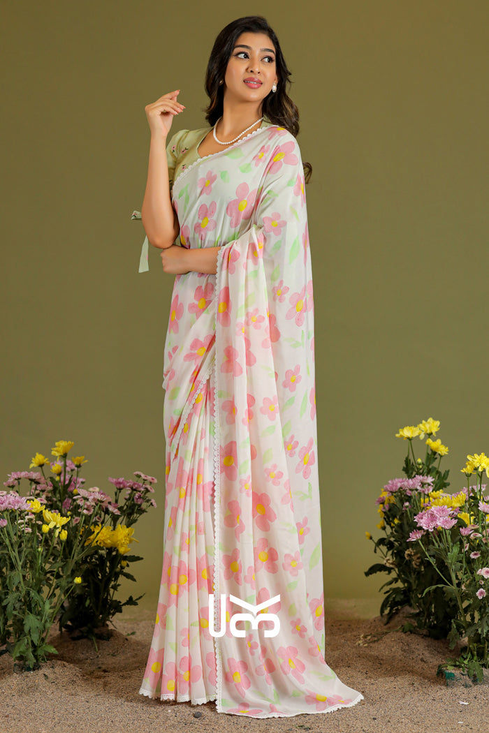 Phool Podha Saree in Pista & White