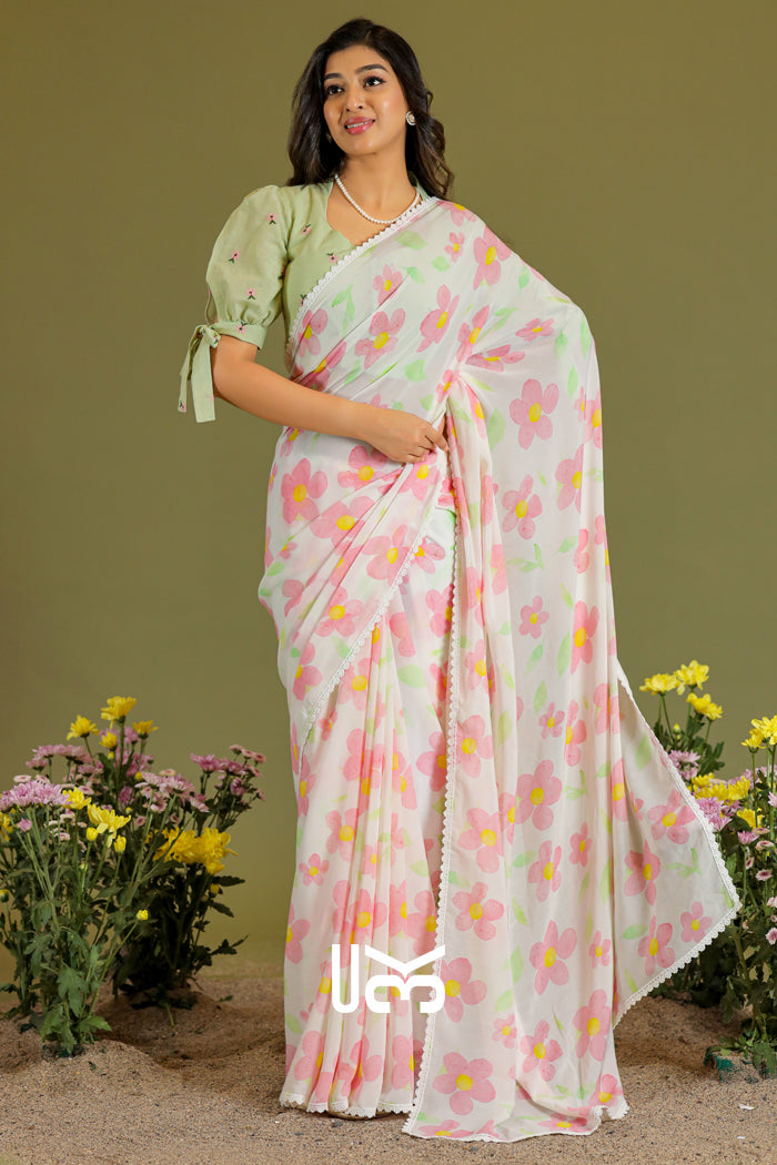 Phool Podha Saree in Pista & White