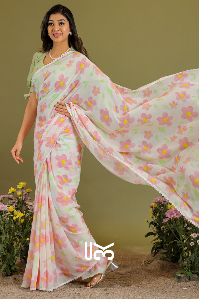 Phool Podha Saree in Pista & White