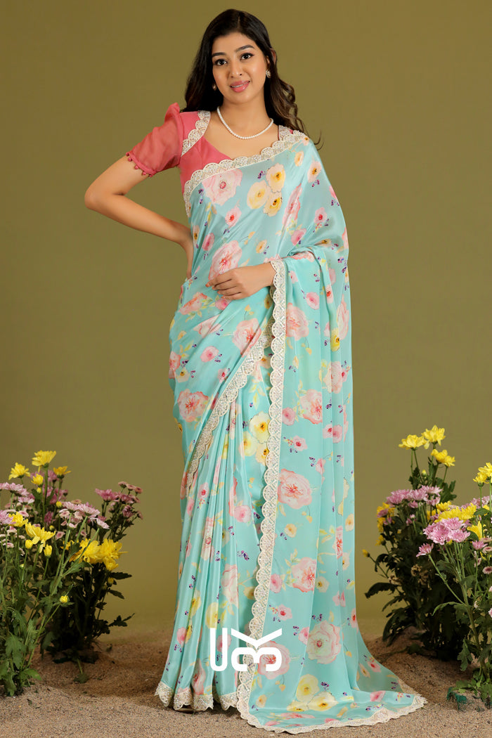 Senorita Retro Print Saree in Ice Blue