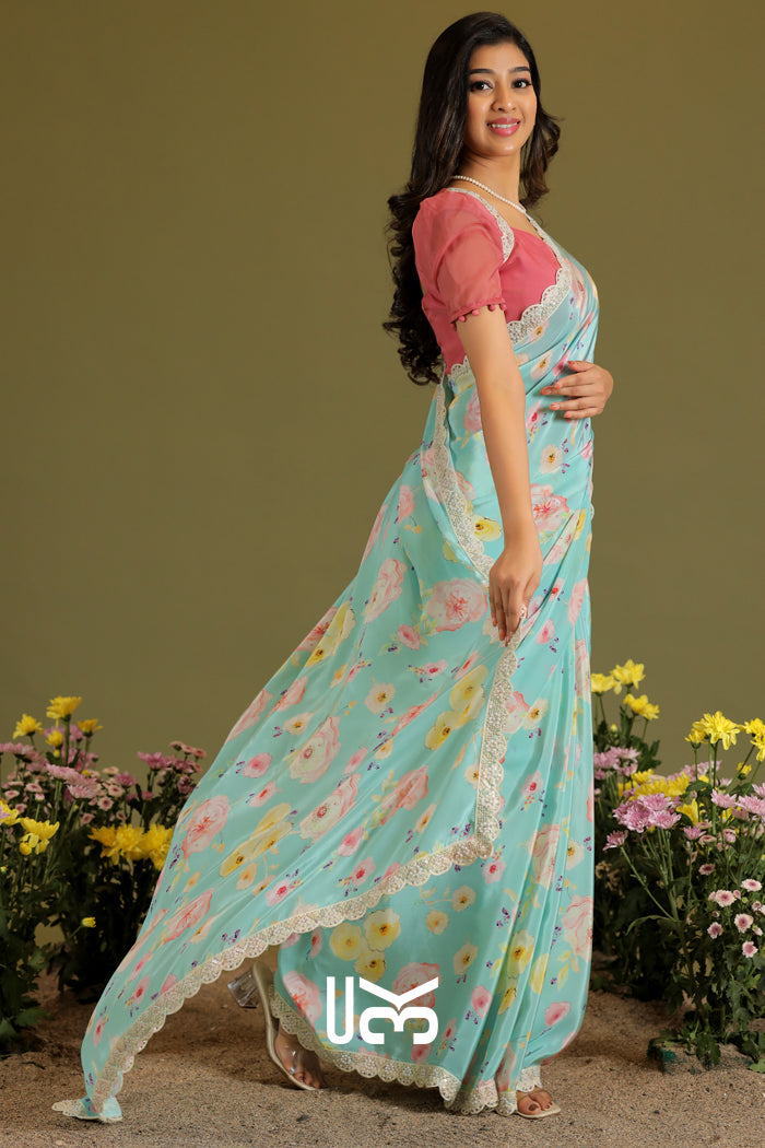 Senorita Retro Print Saree in Ice Blue