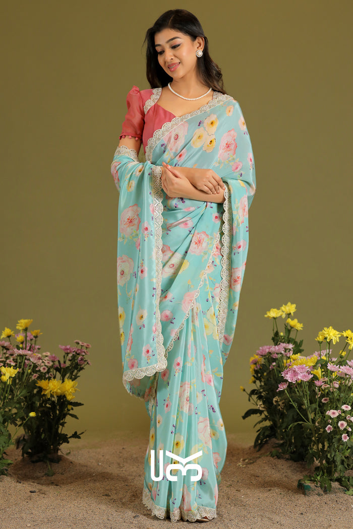 Senorita Retro Print Saree in Ice Blue