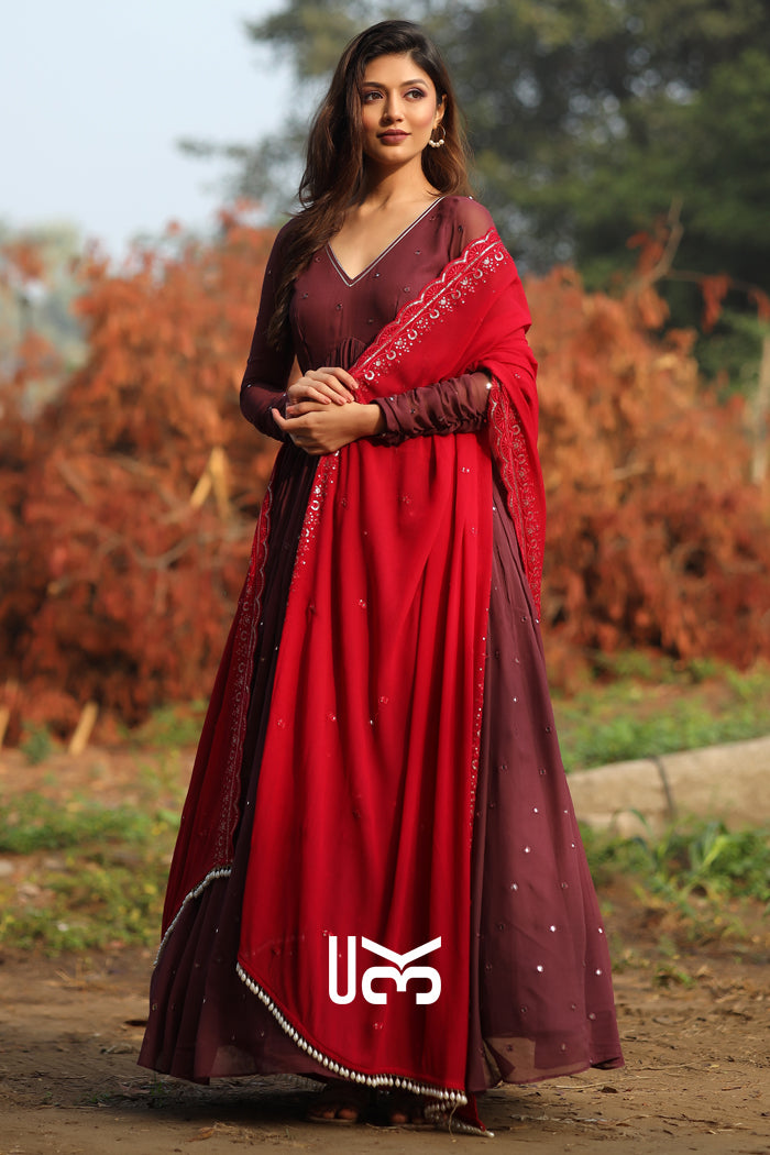 Flamingo Anarkali Suit Set in Wine
