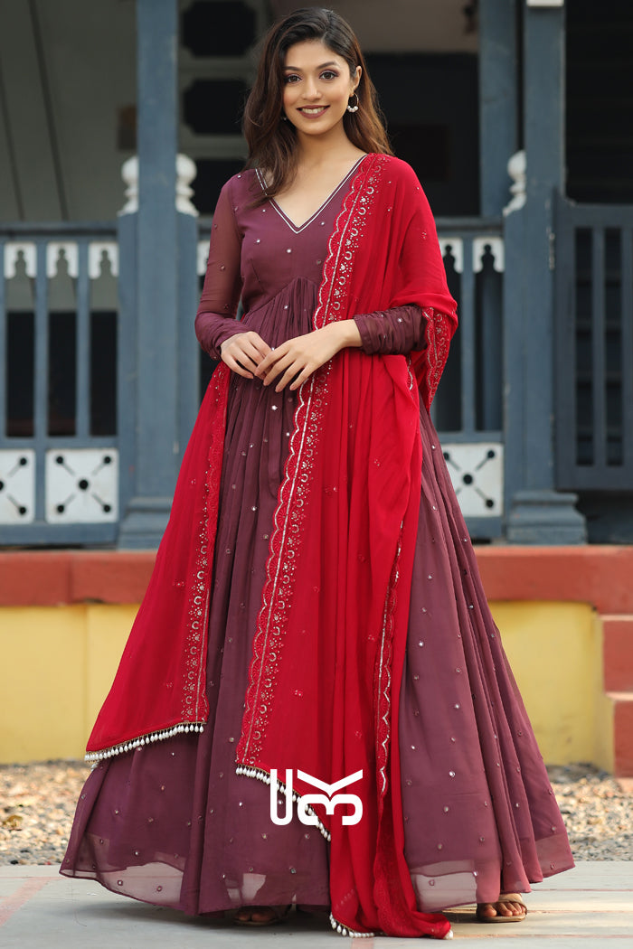 Flamingo Anarkali Suit Set in Wine