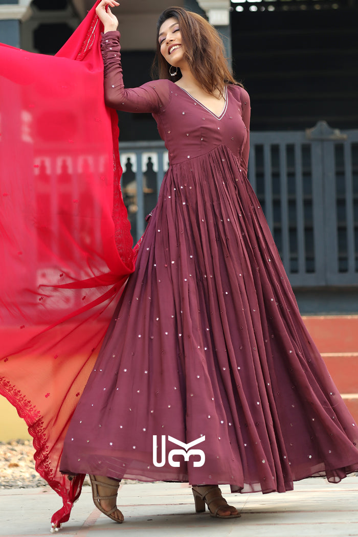 Flamingo Anarkali Suit Set in Wine
