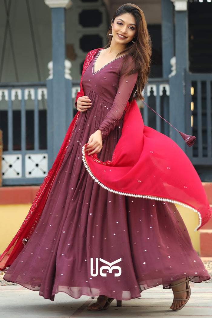 Flamingo Anarkali Suit Set in Wine