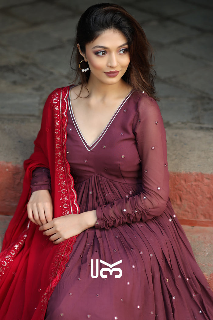 Flamingo Anarkali Suit Set in Wine