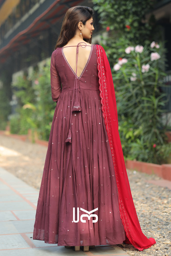 Flamingo Anarkali Suit Set in Wine