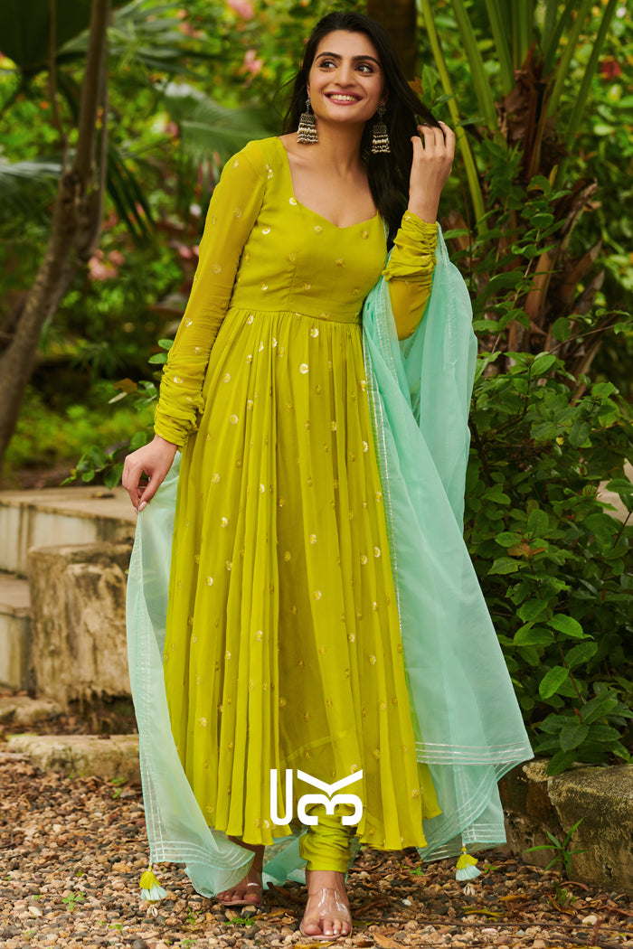 Maya Anarkali Suit Set in Neon Lime