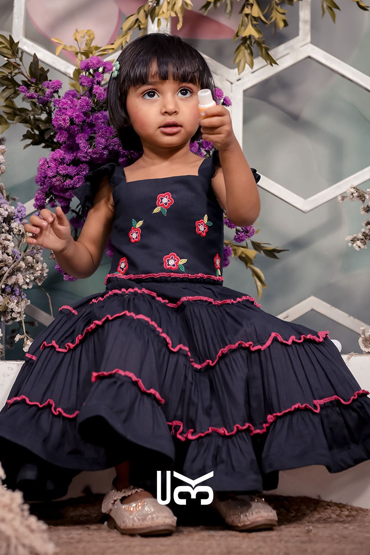 Baby Cotton Black Ruffle Midi Dress