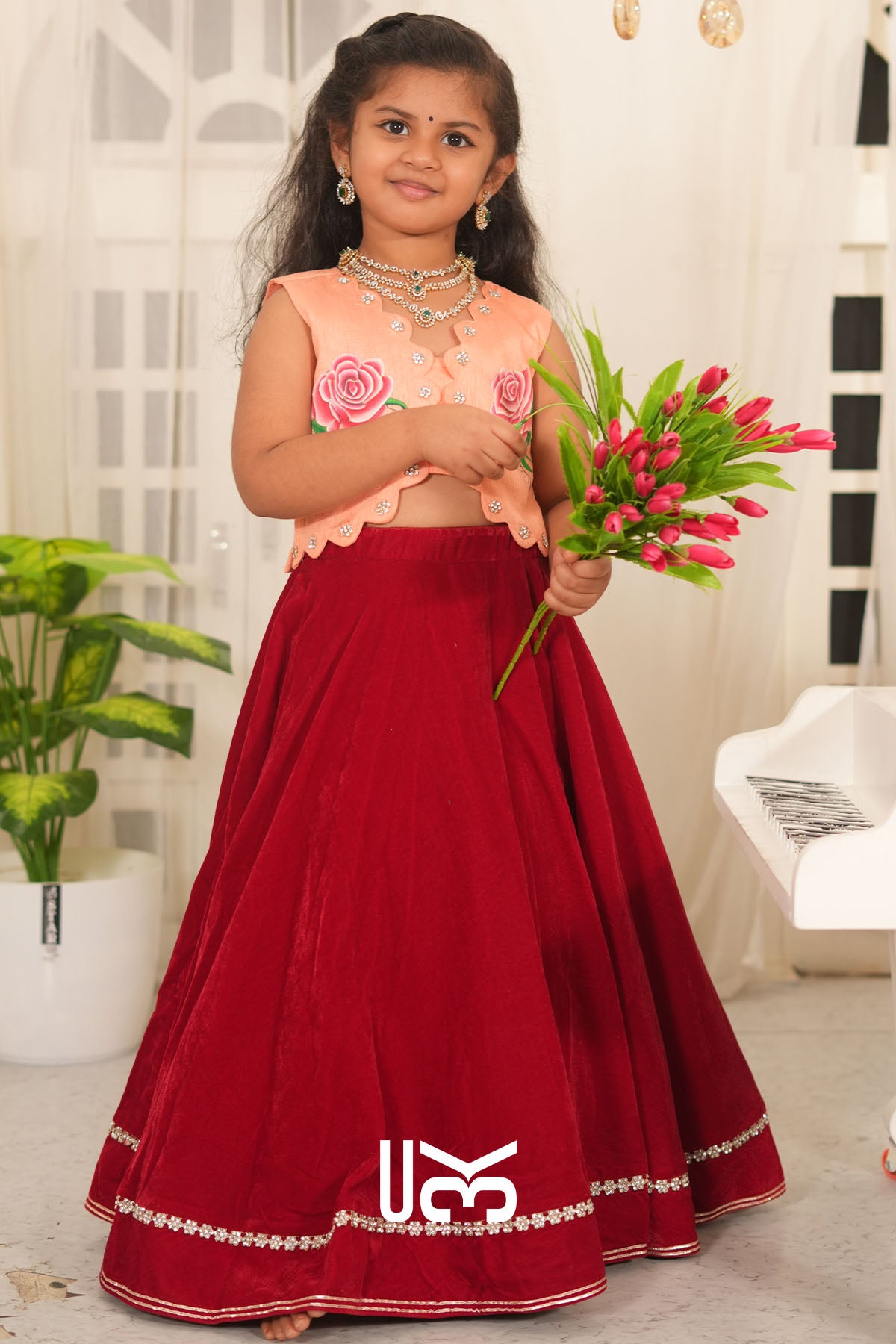 Baby Scarlet Rose Velvet Lehenga Set