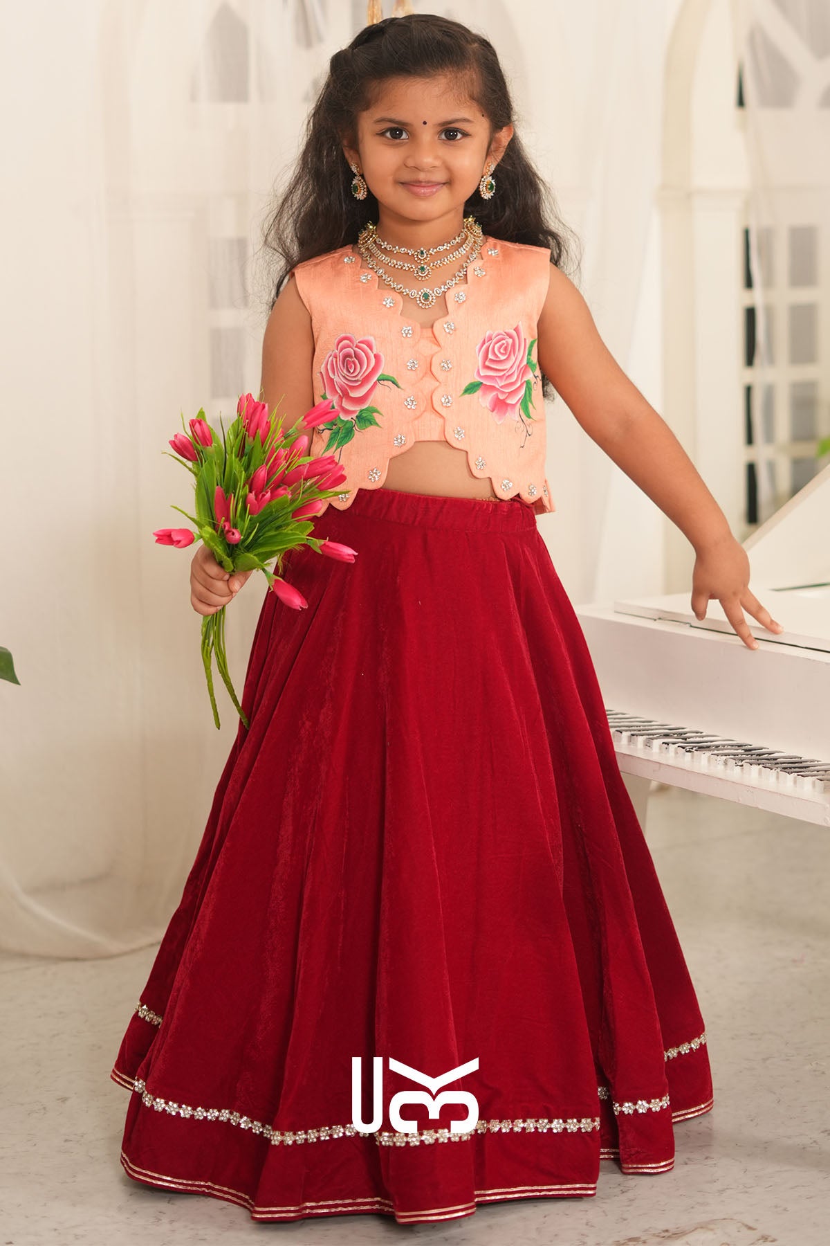 Baby Scarlet Rose Velvet Lehenga Set