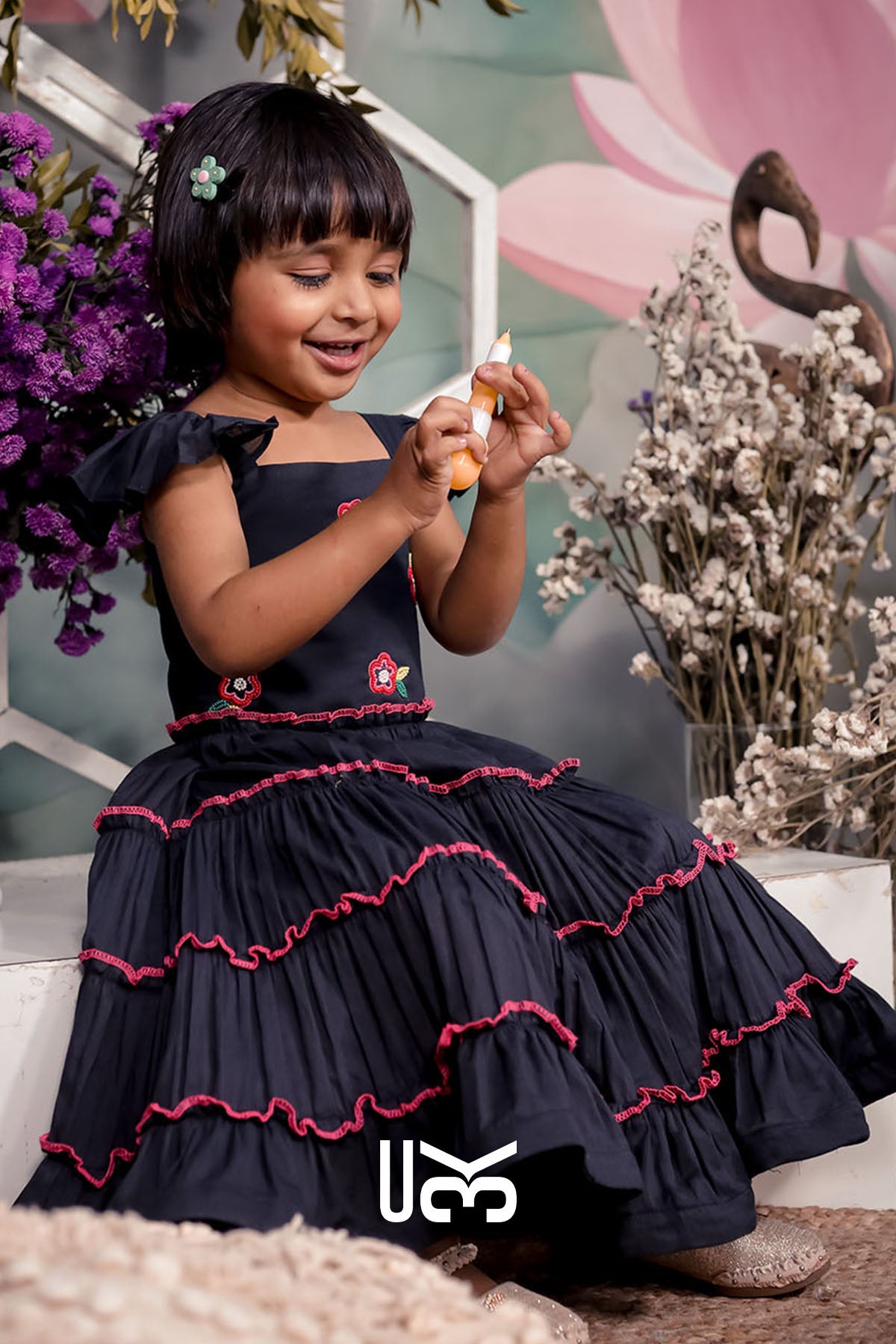 Baby Cotton Black Ruffle Midi Dress