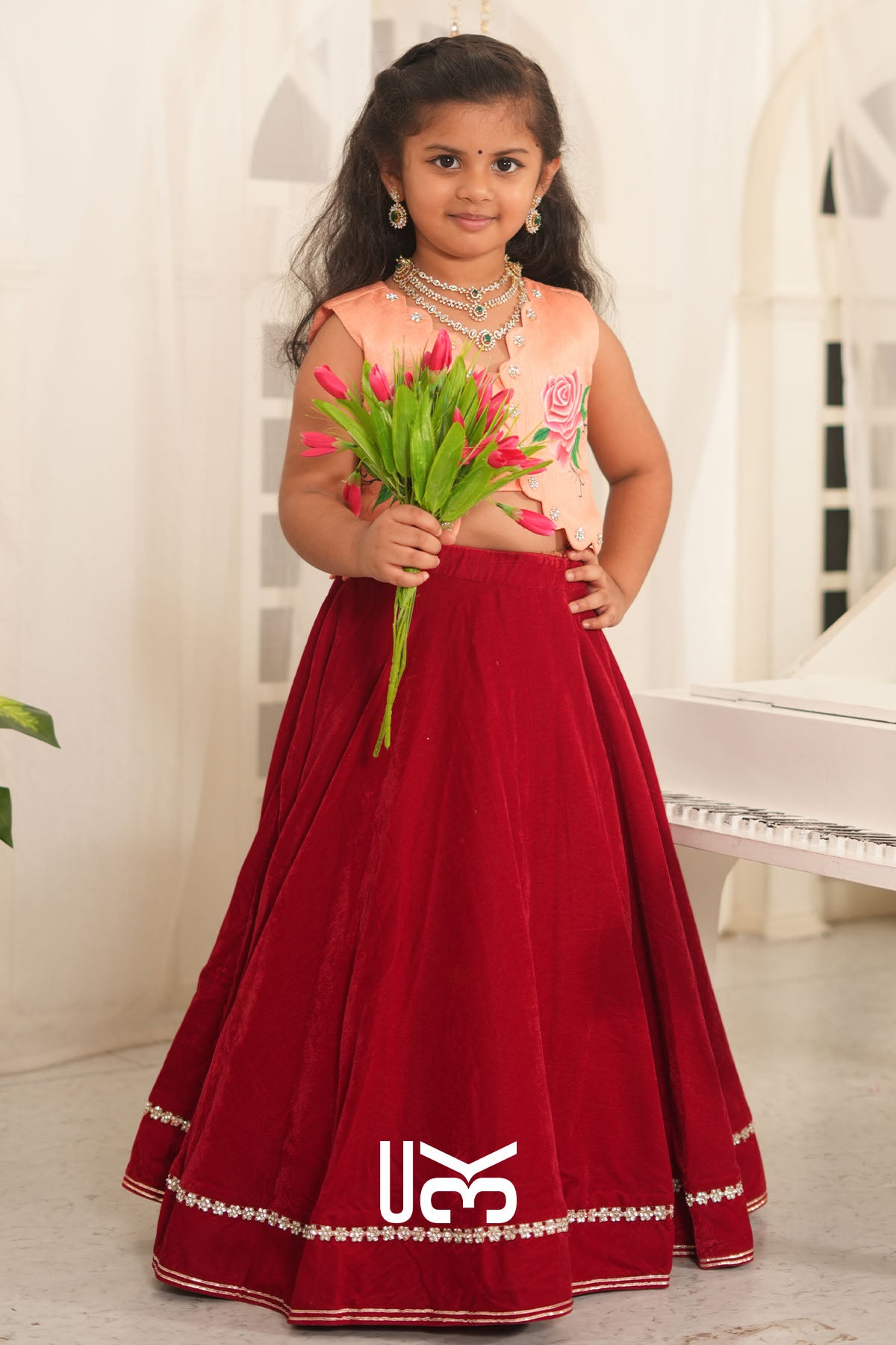 Baby Scarlet Rose Velvet Lehenga Set